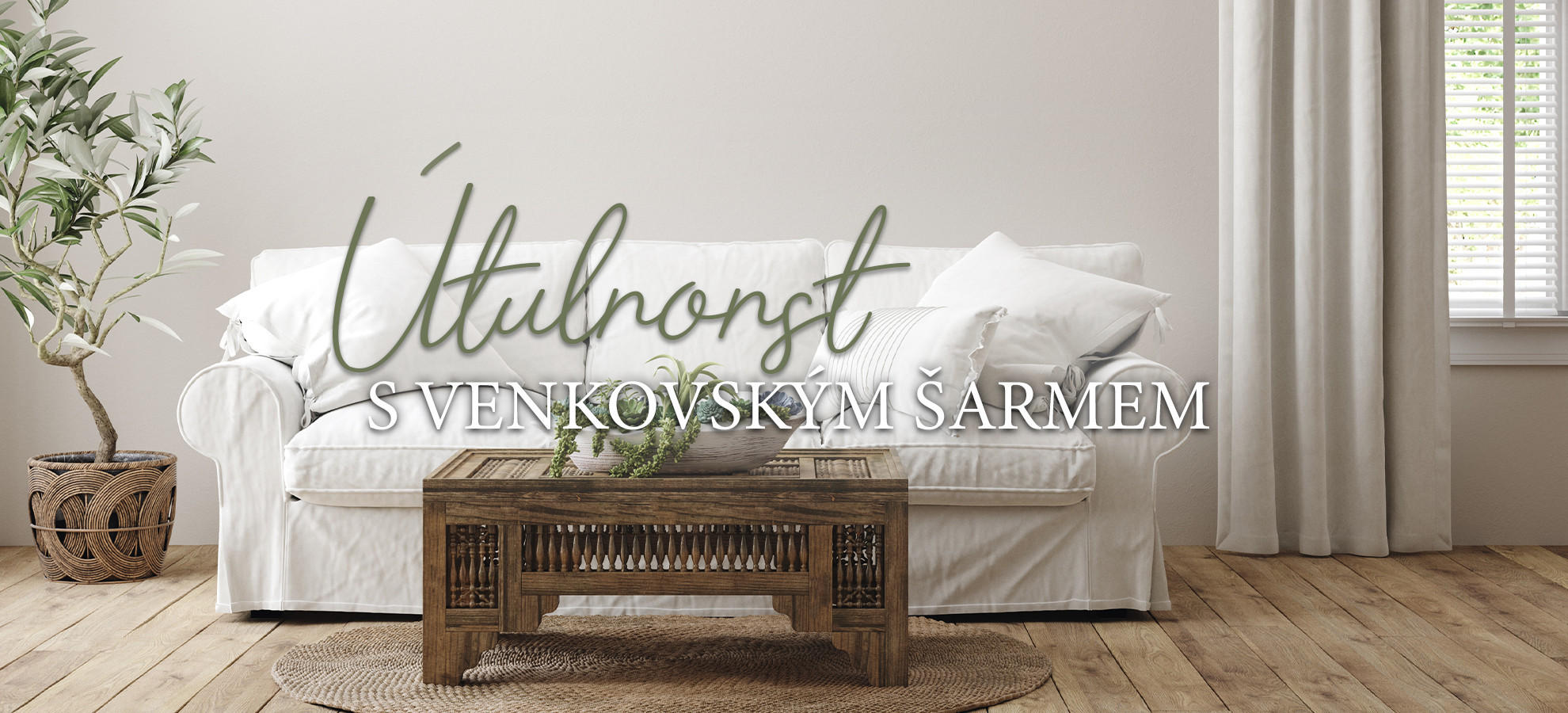 Bílá sedačka a dřevěný konferenční stůl