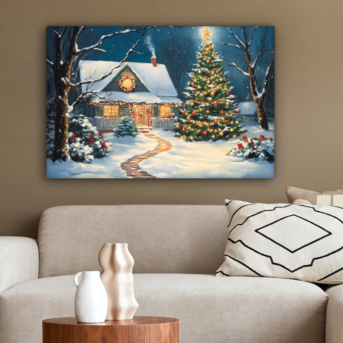 LEINWANDBILD Weihnachten - Weihnachtsbaum - Winter - Zuhause - Schnee Wanddeko 90x60 cm - Smaragdgrün, Textil (90/60cm) - MuchoWow