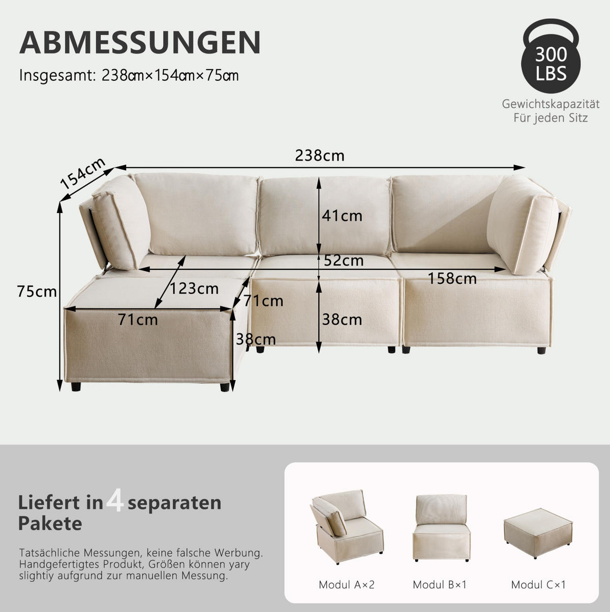 SOFA modular frei kombinierbar Beige - Beige, Holz (154/238cm) - Meubliv