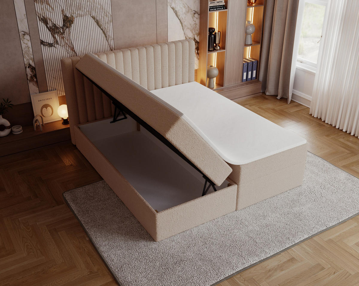 BOXSPRINGBETT Boucle 160x200 Daliro mit Bettkasten, Matratze H3, Beige - Beige, Holz/Textil (160/200cm) - Emporius