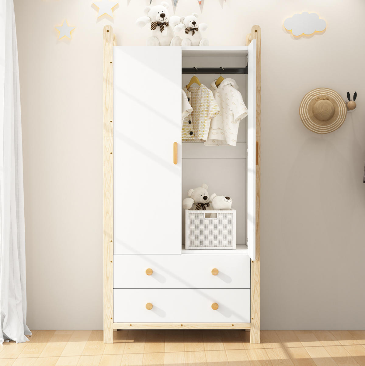 KLEIDERSCHRANK aus Spanplatte & Kiefer, Kleiderstange & 2 Schubladen, 89,6/44/180,5 cm, Weiß/Natur - Weiß, Holzwerkstoff (89.6/180.5/44cm) - Redom