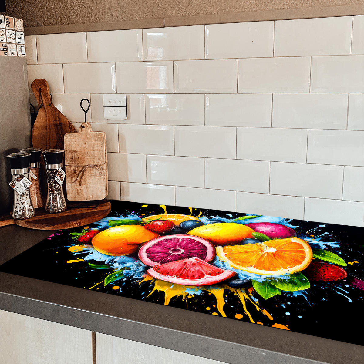 HERDABDECKPLATTE Obst - Graffiti - Bunt - Orange - Erdbeere - Abstrakt 91x52 cm - Orange, Kunststoff (91.2/0.2/52cm) - MuchoWow