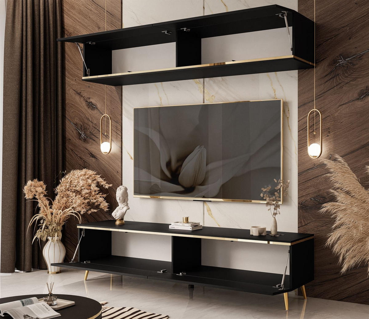 WOHNWAND AURORA in Schwarz Matt mit schräge Goldchrom Fuße - Goldfarben/Schwarz, Holzwerkstoff/Metall (180/45/40cm) - Lookway
