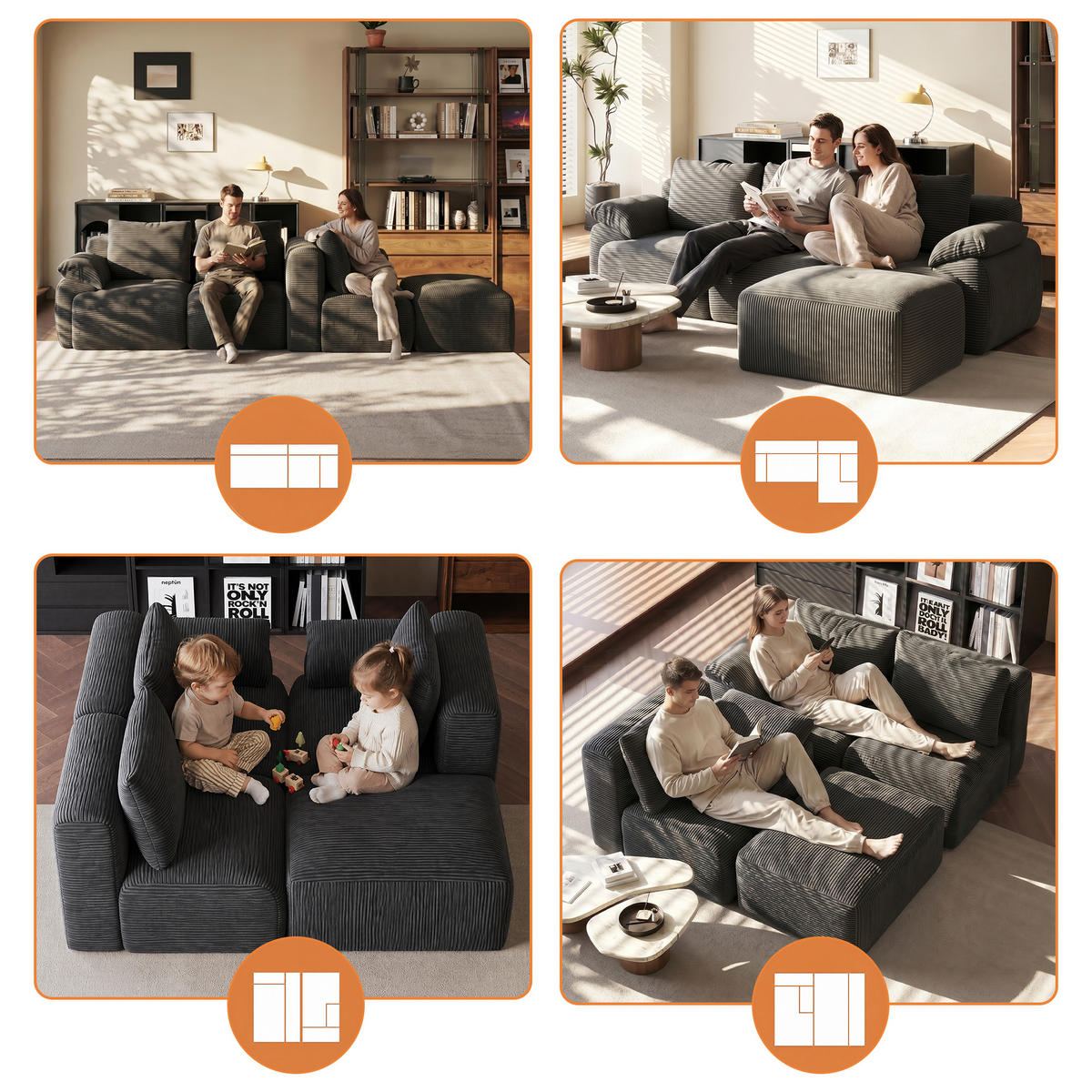 ECKSOFA,3-SITZER-SOFA,CORDSTOFF Stoffsofa L Form mit Hocker,Dunkelgrau - Grau, Textil (264/89cm) - PARAFTA HOME