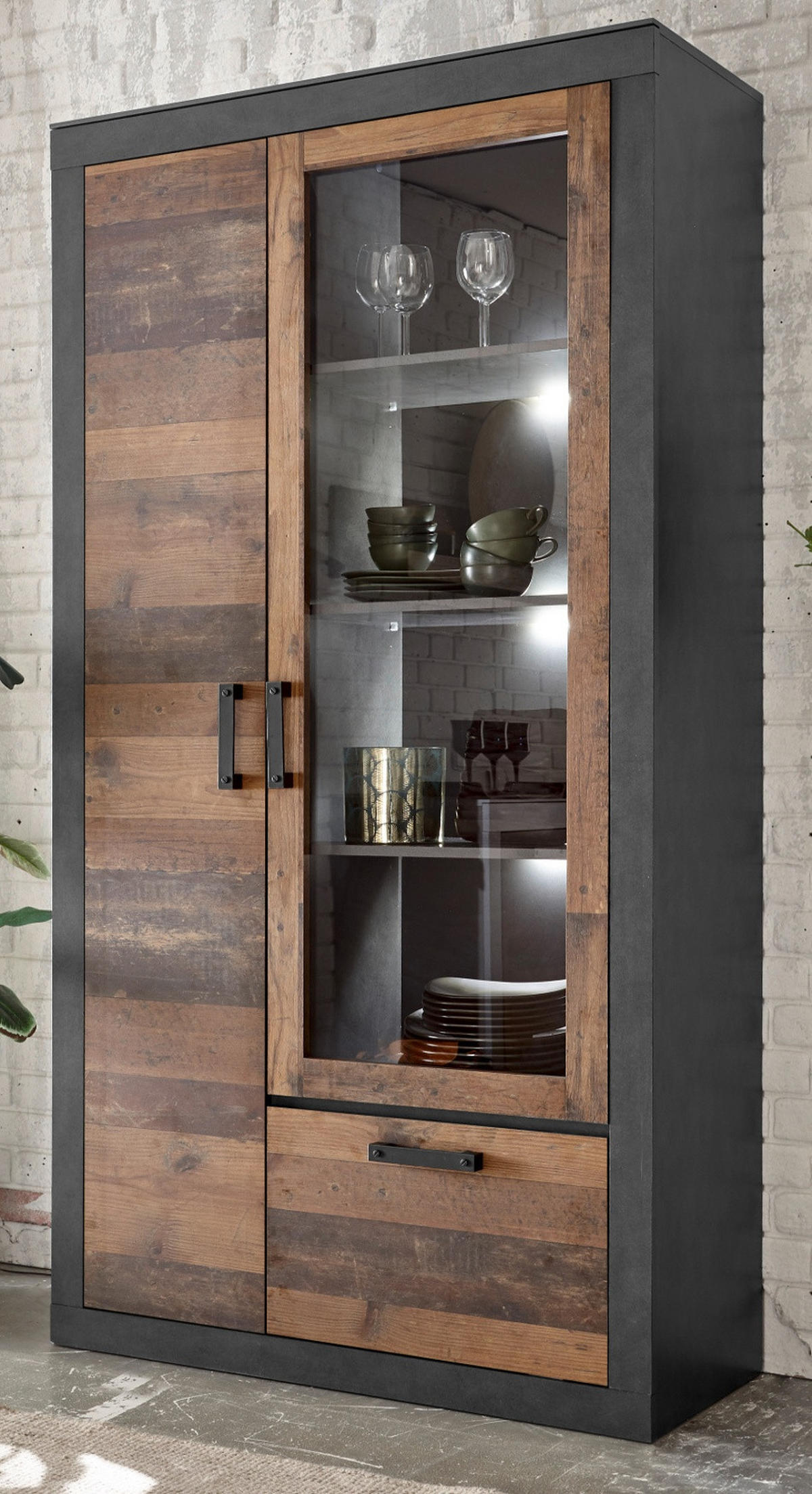 VITRINE Old Used Wood Shabby Design mit grau, Vitrinenschrank mit viel Stauraum - Dunkelgrau/Braun, Holzwerkstoff/Kunststoff (97/201/40cm) - Furn.Design