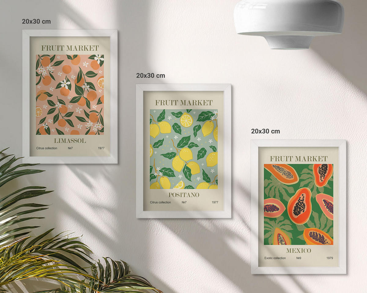 WANDBILDER 3er-Set - 20x30 cm Weißer Rahmen - Zitrusfrüchte, tropischer Retro-Stil - Weiß, Kunststoff (20/30cm) - ArtPrintCave