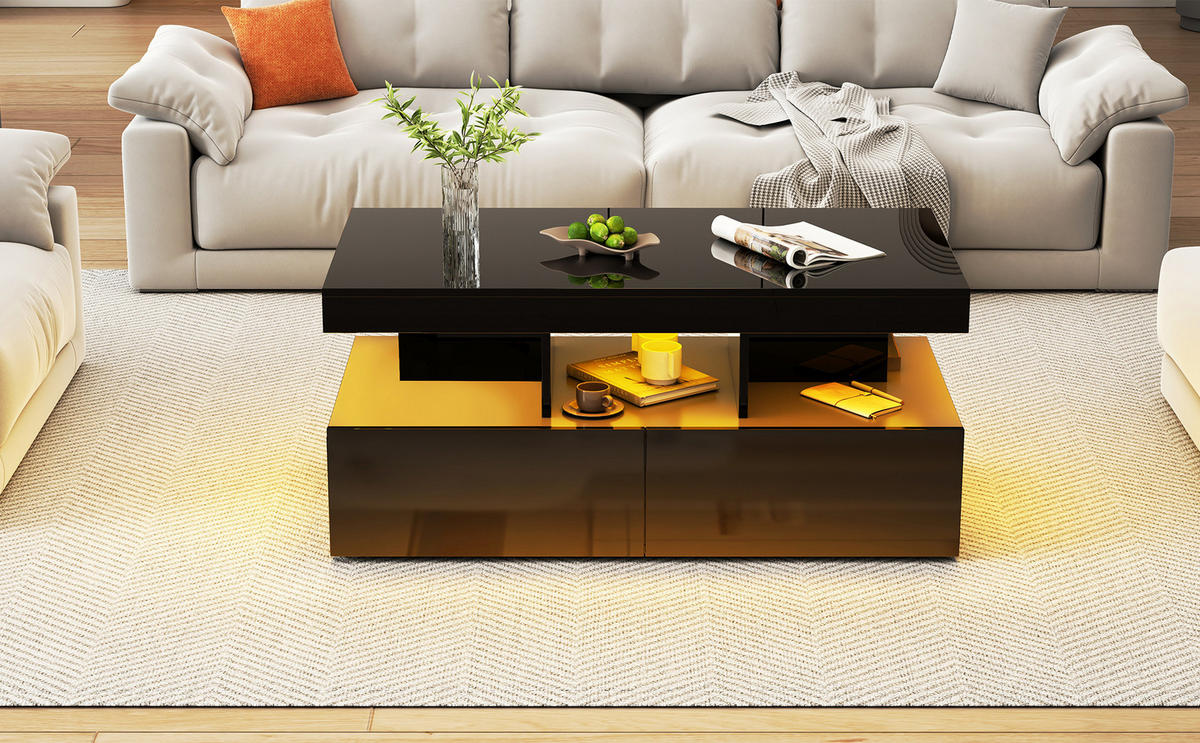 COUCHTISCH hochglanz schwarz modern mit beleuchtung - Schwarz, Metall (104/53/46cm) - SHOPENTRA