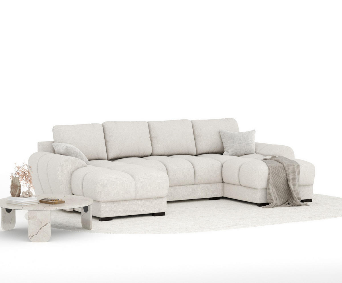 WOHNLANDSCHAFT Peebles Beige Chenille-Stoff - Beige/Schwarz, Holz/Holzwerkstoff (330/90/175cm) - Maison de Reve