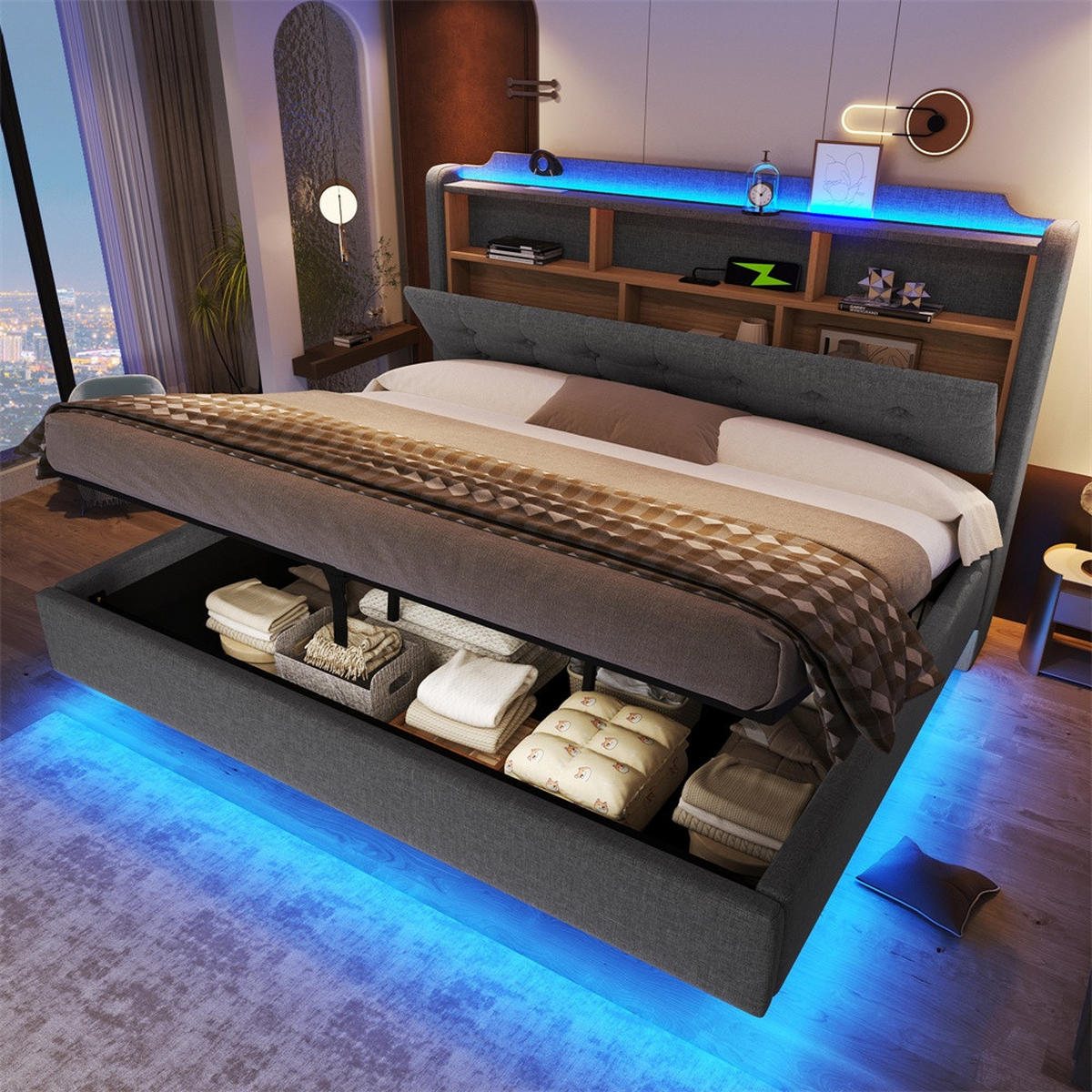 POLSTERBETT 180x200 cm mit LED-Beleuchtung und hydraulischem Stauraum - USB/Typ-C & Klappfach - Grau - Grau, Textil (180/200cm) - DELFA