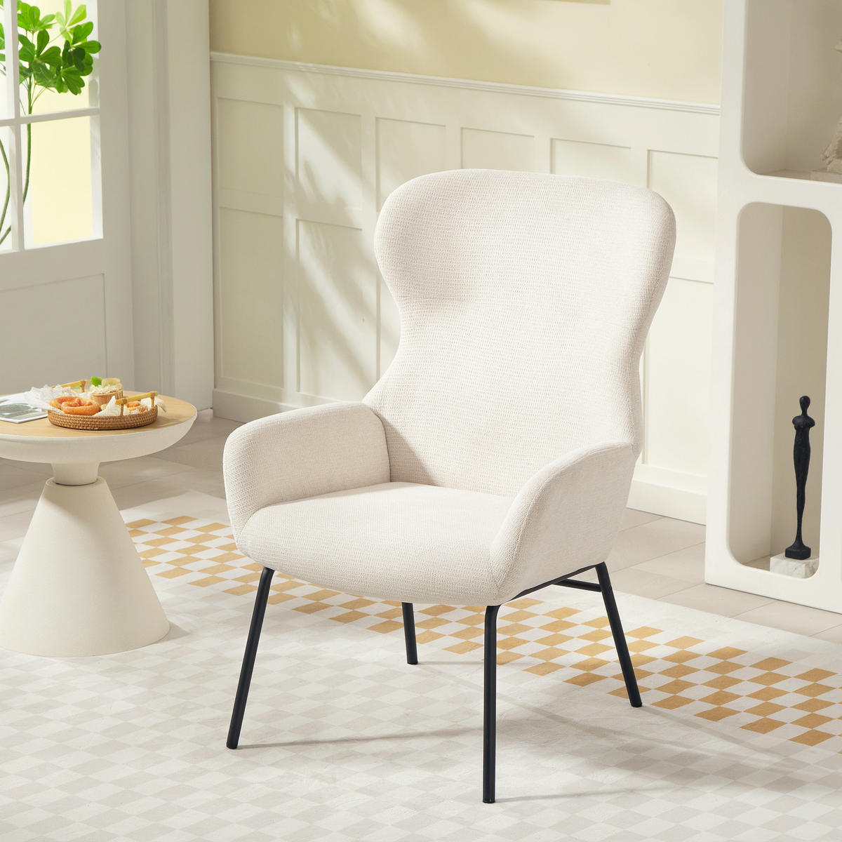 OHRENSESSEL Wohnzimmer Sessel Loungesessel Relaxsessel mit hoher Rückenlehne - Creme/Schwarz, Textil/Metall (70/103.5/74.5cm) - HOMCOM