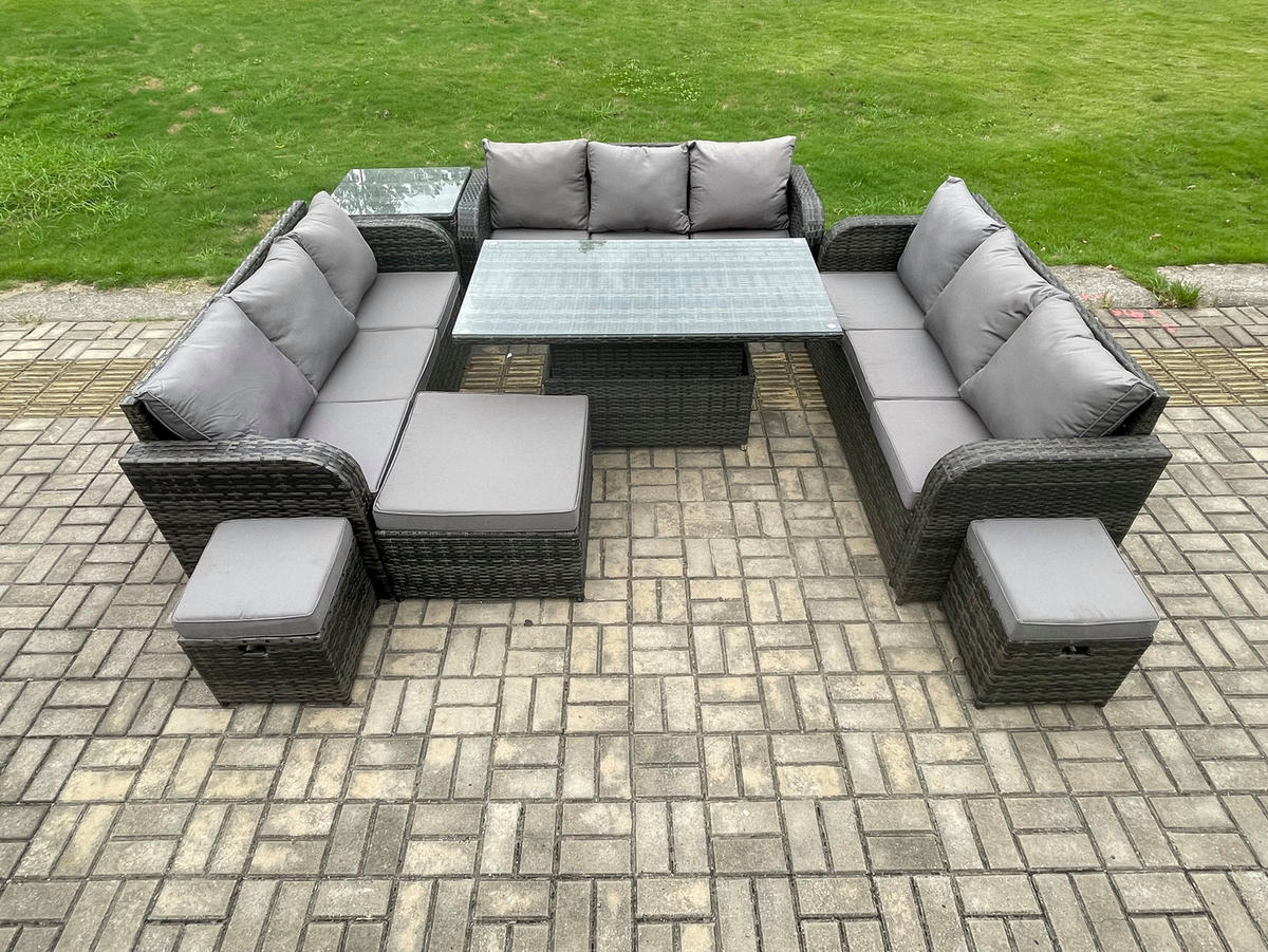 LOUNGESOFA Polyrattan 12-Sitzer - Dunkelgrau/Grau, Glas/Kunststoff - Fimous