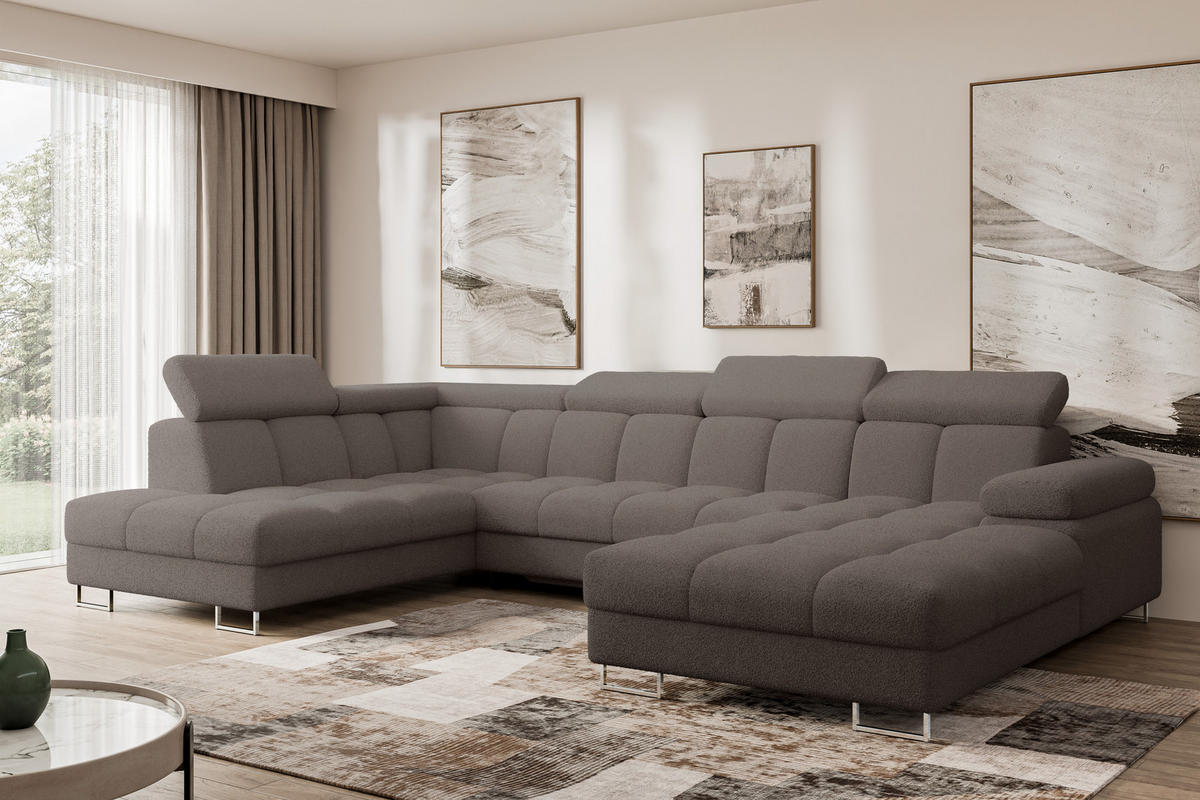 WOHNLANDSCHAFT mit Schlaffunktion und Bettkasten Ottomane Links COMA U 345x203x79 Braun Bouclé - Dunkelbraun, Holzwerkstoff/Textil (345/79/203cm) - ALTDECOR