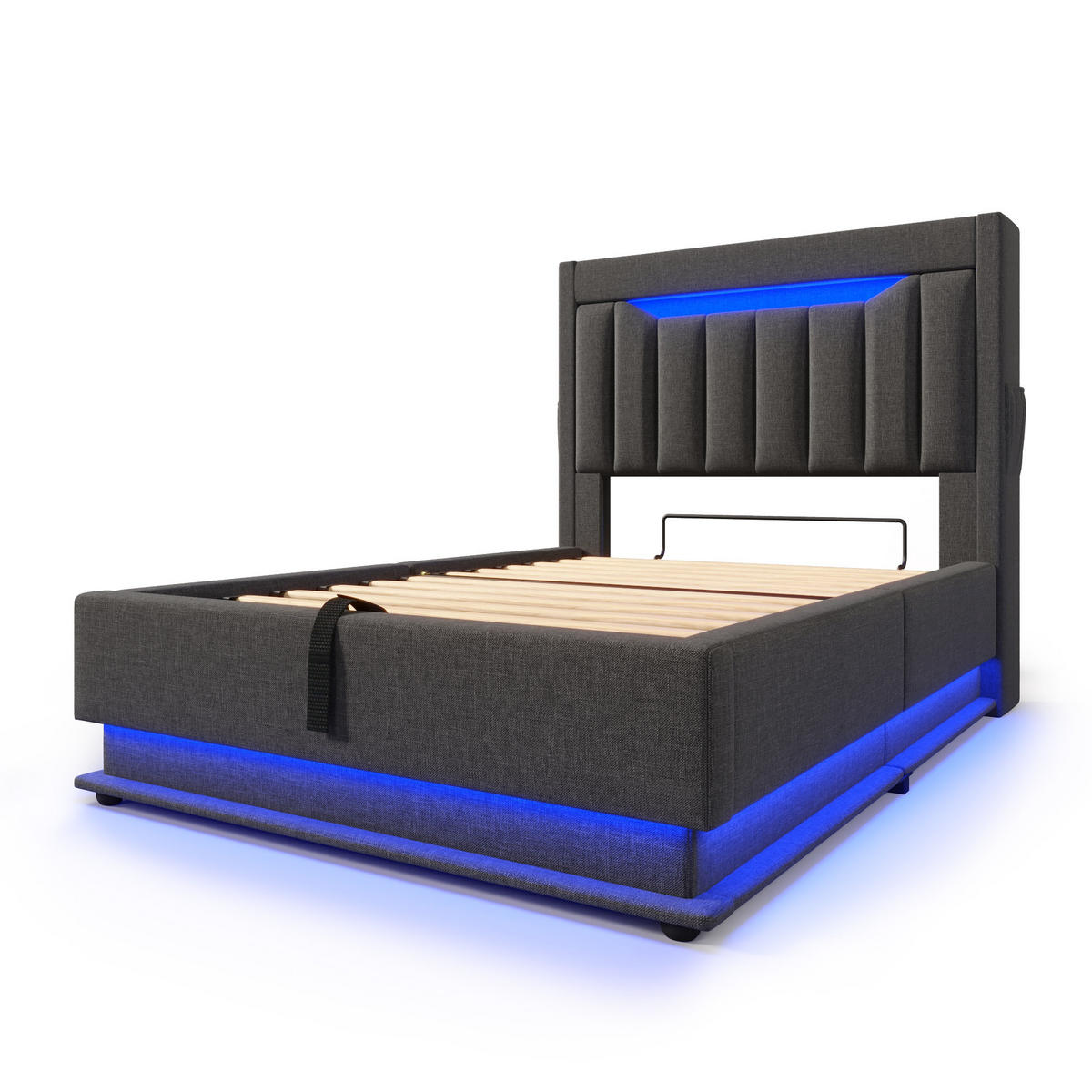 POLSTERBETT aus Leinen 90x200 cm in Grau mit LED & Matratze - Grau, Textil (90/200cm) - Modfu