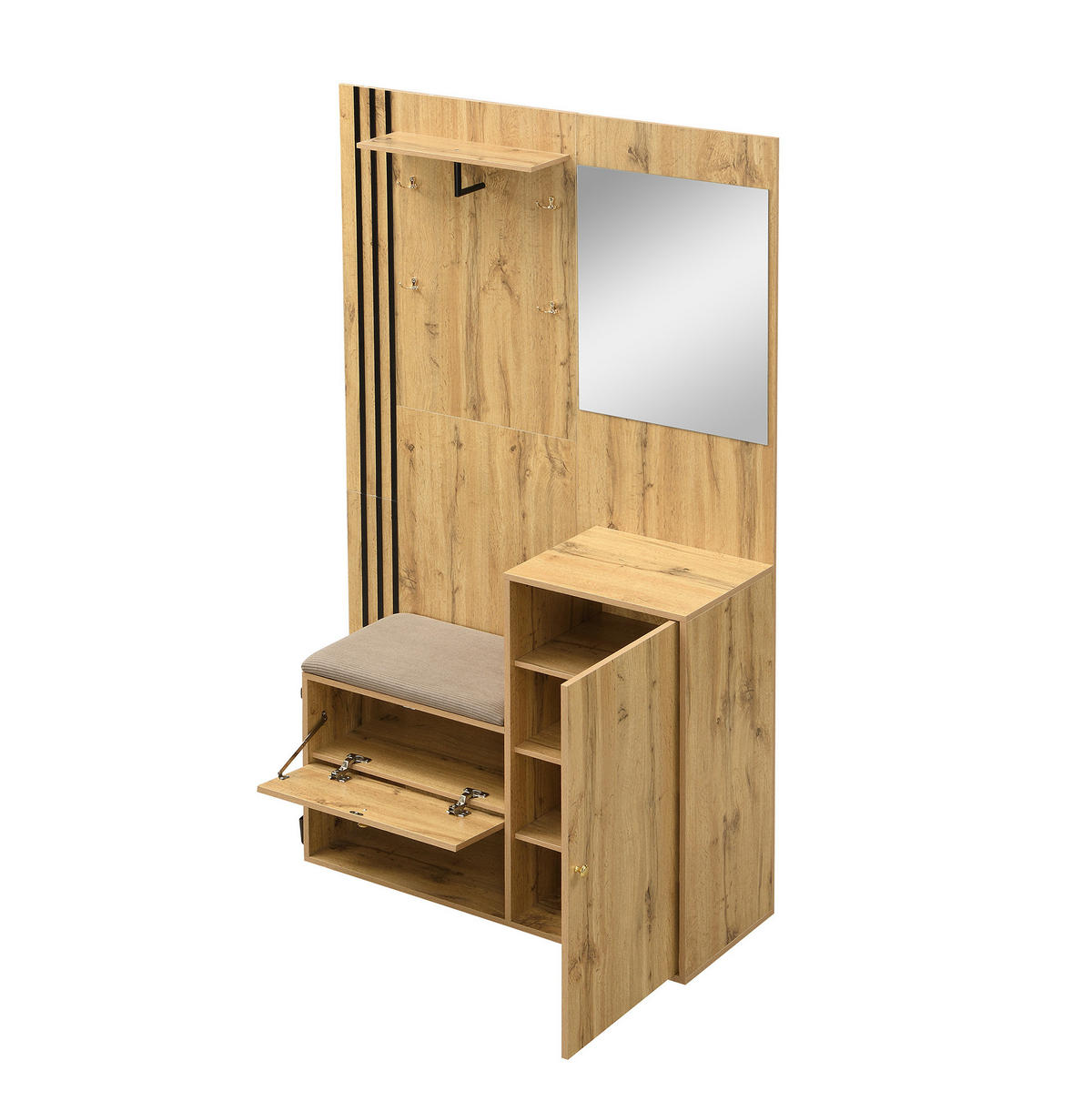 SCHUHSCHRANK aus MDF 115x37x185cm in Natural mit Spiegel & Sitzpolster - Naturfarben, Holzwerkstoff (115/185/37cm) - Modfu