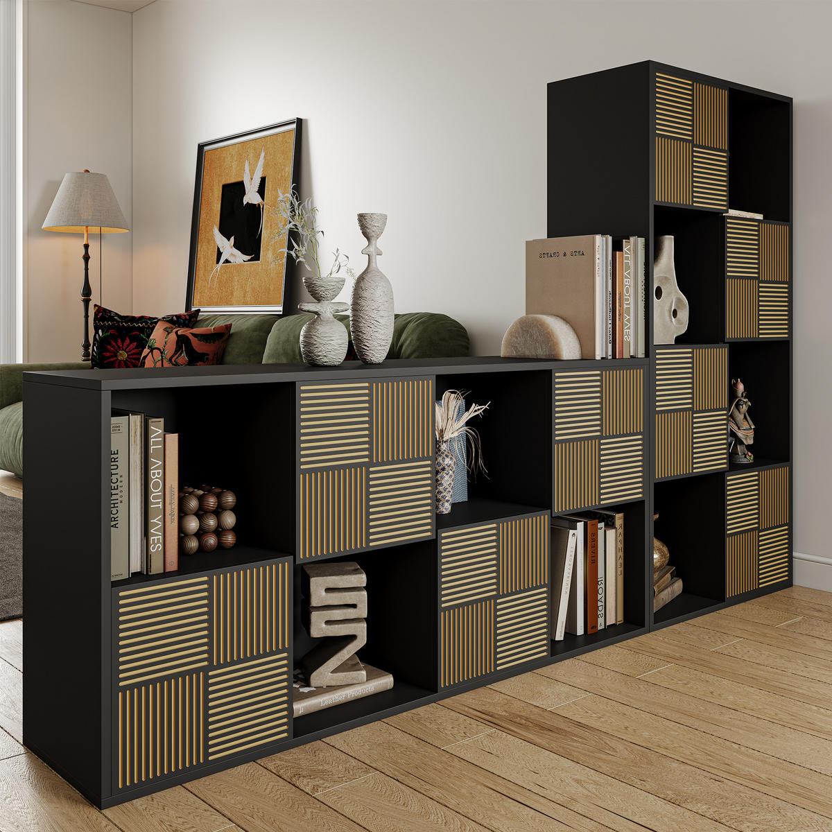 BÜCHERREGAL 125x30x60 cm Holz Lamellen Design Sideboard Aufbewahrung, Schwarz - Schwarz, Holz (60/125/30cm)