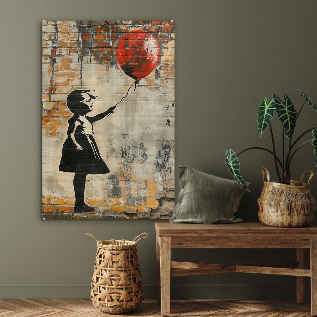 ACRYLGLASBILD Graffiti - Banksy - Mädchen - Straßenkunst 60x90 cm - Sandfarben, Glas (60/90cm) - MuchoWow