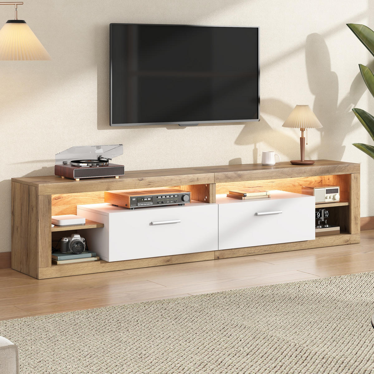 LOWBOARD in Naturfarben und Weiß mit LED und 2 Schubladen für Wohnzimmer, B180/T35.5/H50 cm - Naturfarben, Holzwerkstoff (180/50/35.5cm) - STILVORA