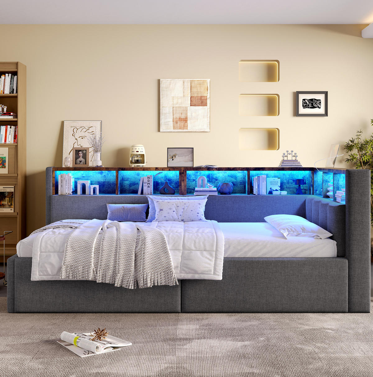 KOMFORT-POLSTERBETT 90/200 cm mit Bettkasten, LED-Beleuchtung und USB - Grau, Textil (90/200cm) - BEAOK
