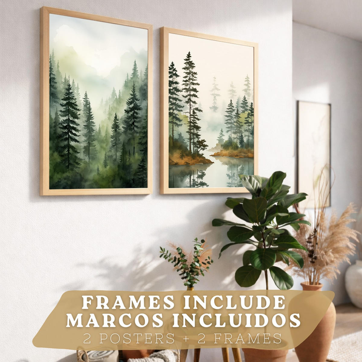 PLAKAT Sada 2 dekorativních tisků Nordic Forest Landscape Obrázky - zelené a hnědé dekorativní plakáty A4 světlý dřevěný rám - béžová, papír (29.7/42/3cm)
