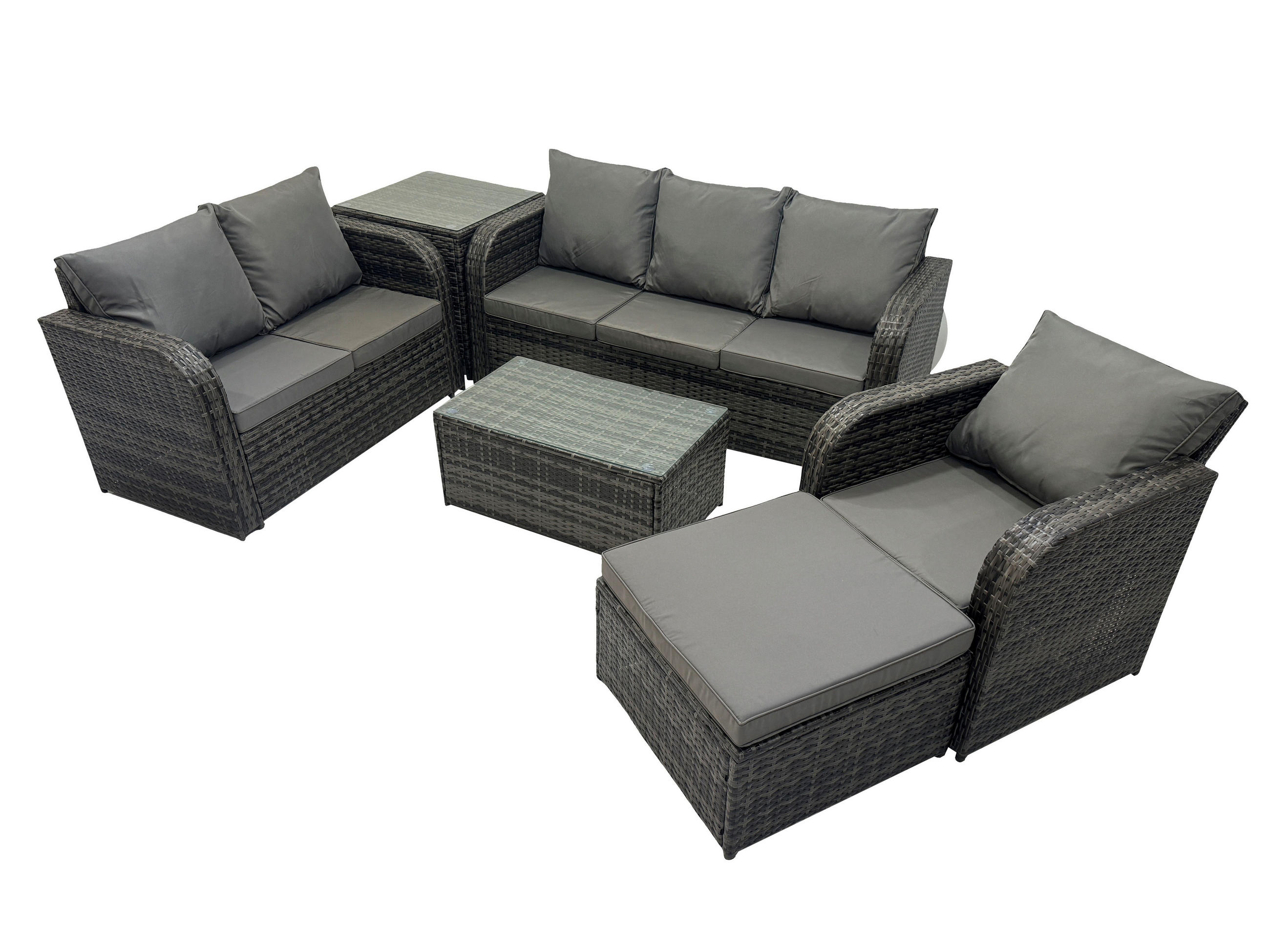 GARTENSET Polyrattan Dunkelgrau 7-Sitzer - Dunkelgrau/Grau, Glas/Kunststoff - Fimous