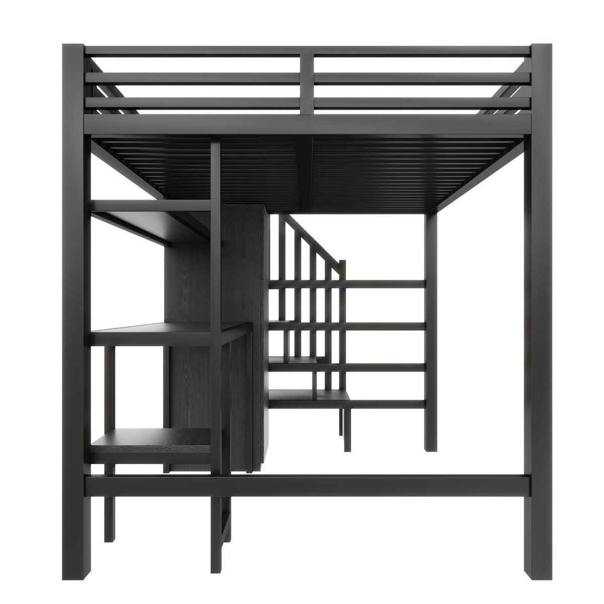 HOCHBETT 140/200 cm, Schwarz mit Schreibtisch, Regal und Kleiderschrank - Schwarz, Metall (140/200cm) - MIVRAY