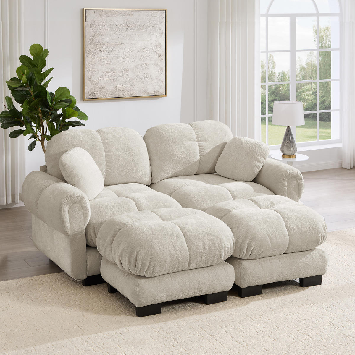 SOFA 190/149/90 cm in Hellkhaki aus Chenille mit modularer U-Form - Sandfarben, Textil (149/90/190cm) - Flora Grace
