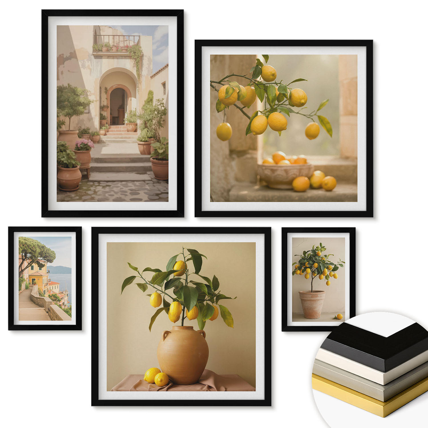 WANDBILDER 5er-Set - 50x50 cm & 20x30 cm & 40x60 cm Schwarzer Rahmen - Frische, farbenfrohe Zitrusfrüchte - Schwarz, Kunststoff (40/60cm) - ArtPrintCave