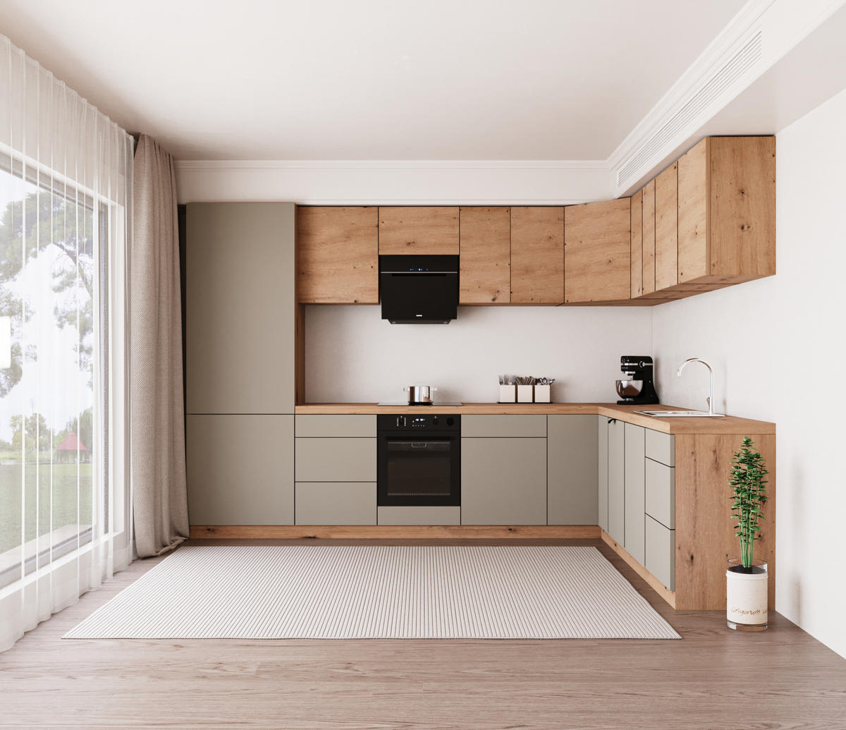 WINKELKÜCHE 320cm x 260cm- Langen KL14-M320 - in Beige / Artisan Eiche - Beige/Eiche Artisan, Holz (580/212/58cm)