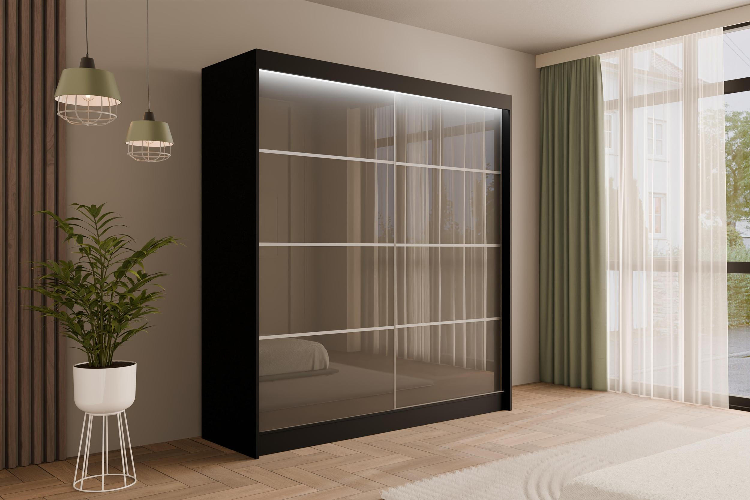 KLEIDERSCHRANK PEKA III mit LED - 200 cm - Schwarz|Grau - Schwarz/Grau, Holzwerkstoff (200/215/61cm) - ALTDECOR