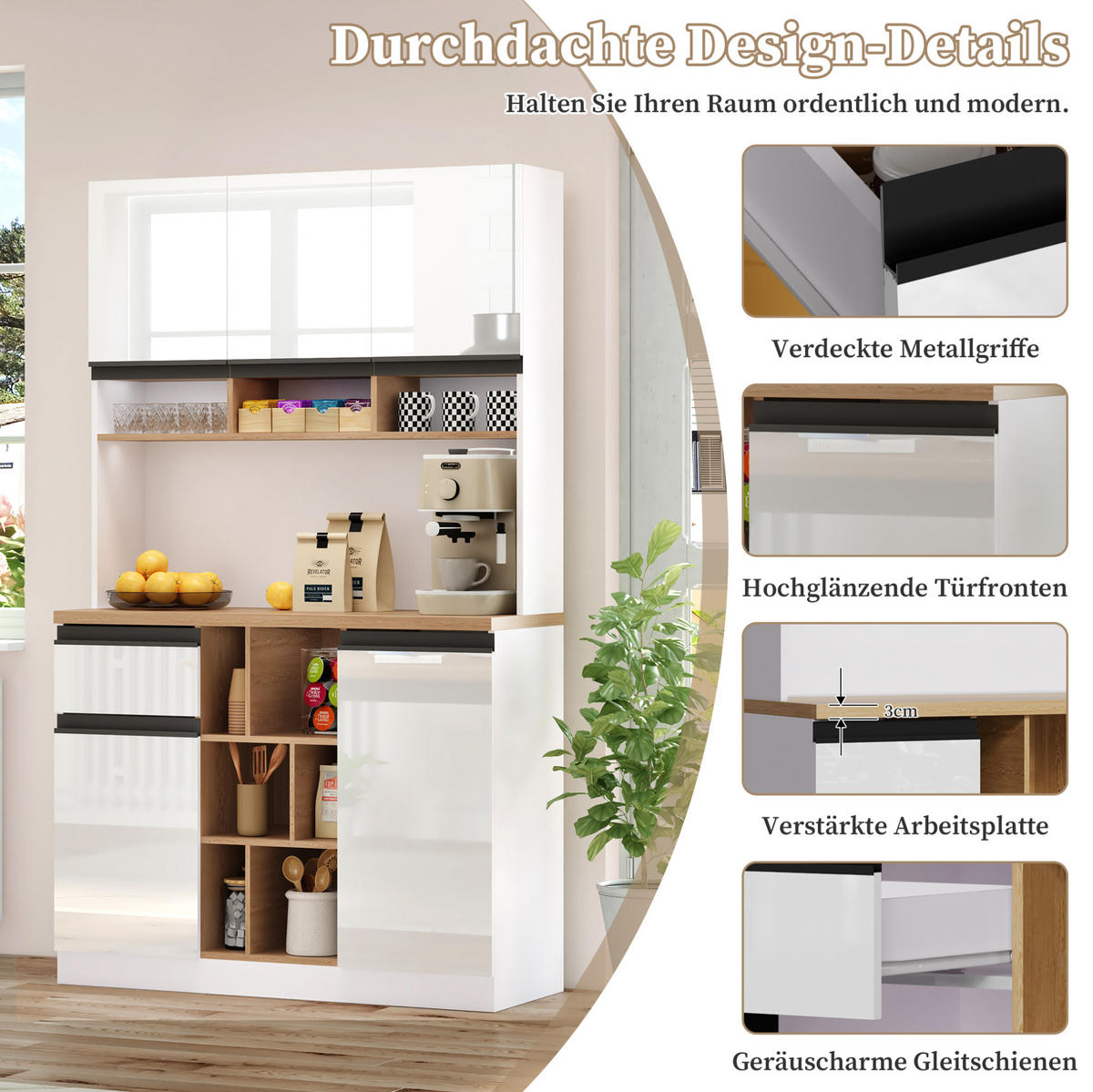 BUFFETSCHRANK aus MDF 105x45x185 cm Weiß mit Hochglanzfronten, Schublade, offenen Fächern und Kippschutz - Weiß, Holzwerkstoff (105/185/45cm) - IVMEU