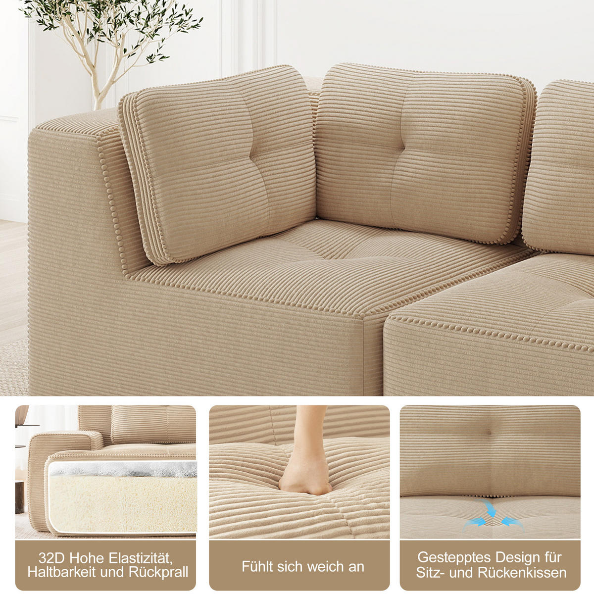 ECKSOFA 297/104/69 cm Beige aus Cord mit tiefer Sitzfläche und modularem Design - Beige, Textil (104/297cm) - OKWISH