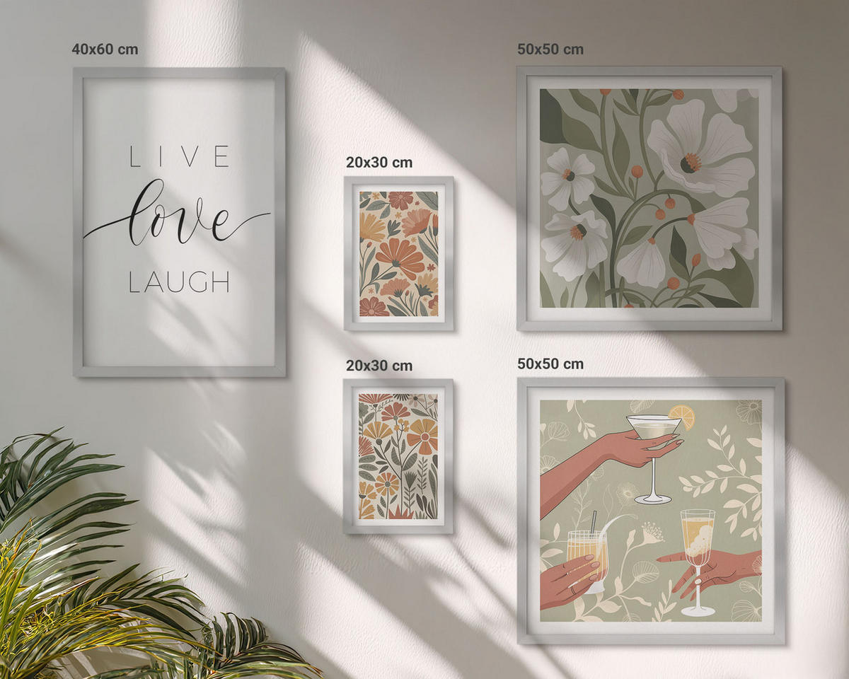 BILDER SET 5er Set - 50x50 cm & 20x30 cm & 40x60 cm Silberner Rahmen - Boho-Pflanzenmuster - Silberfarben, Kunststoff (40/60cm) - TULUP
