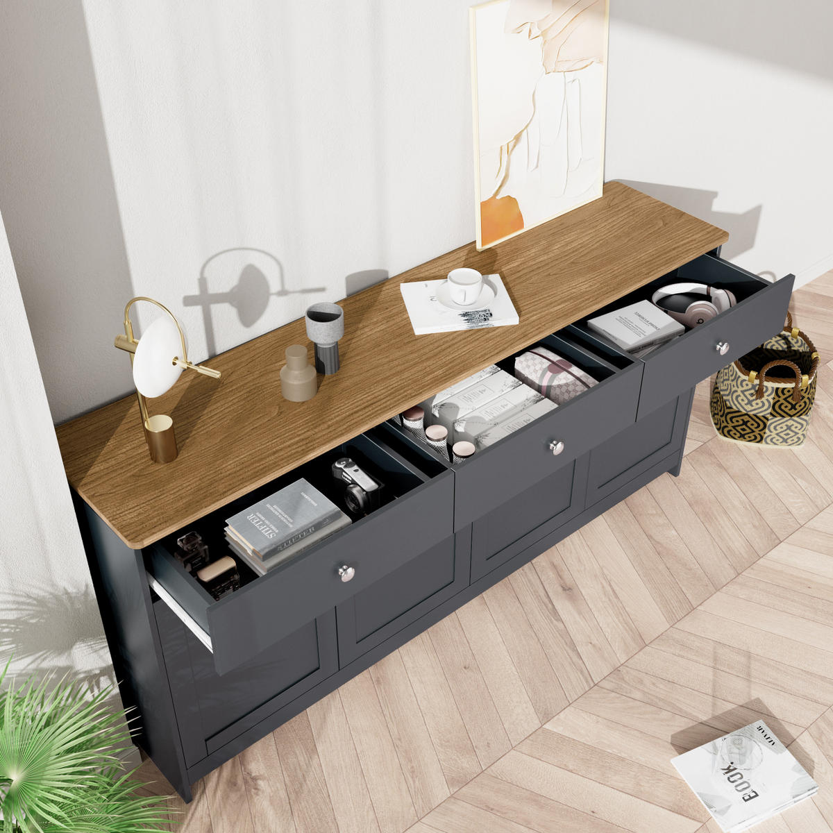 SIDEBOARD im Landhausstil aus MDF mit Holzplatte, 3 Schubladen und 4 Türen, 160/37/75 cm, grauschwarz und holzfarben - Grau, Holzwerkstoff (160/75/37cm) - Redom