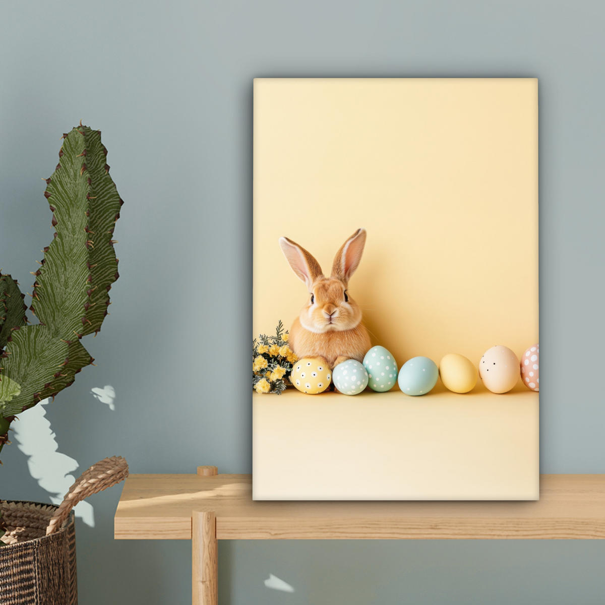 LEINWANDBILD Eier - Kaninchen - Pastellfarbtöne Deko Wohnzimmer 20x30 cm - Hellgelb, Textil (20/30cm) - MuchoWow