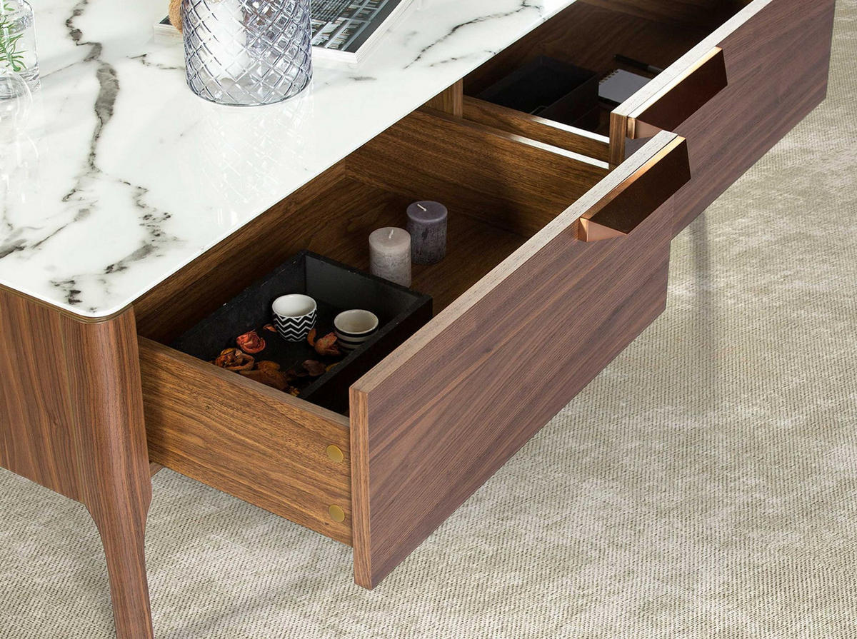 COUCHTISCH Rechteckiger Couchtisch aus Glas mit Marmor- und Nussbaumimitation 120/60/40 cm - Messingfarben/Nussbaumfarben, Glas/Holz (60/120/40cm) - ANGEL CERDA