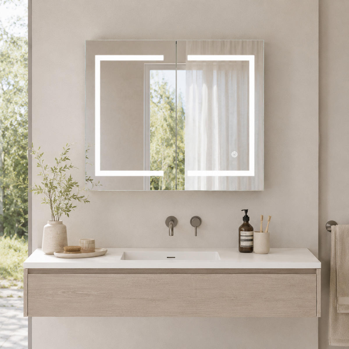 SPIEGELSCHRANK LED 80/60/13.5 cm mit Aufbewahrung, dimmbar, Touch-Schalter, moderner Badezimmer Spiegel mit Stauraum - Weiß, Glas (80/60/13.5cm) - Joyfair