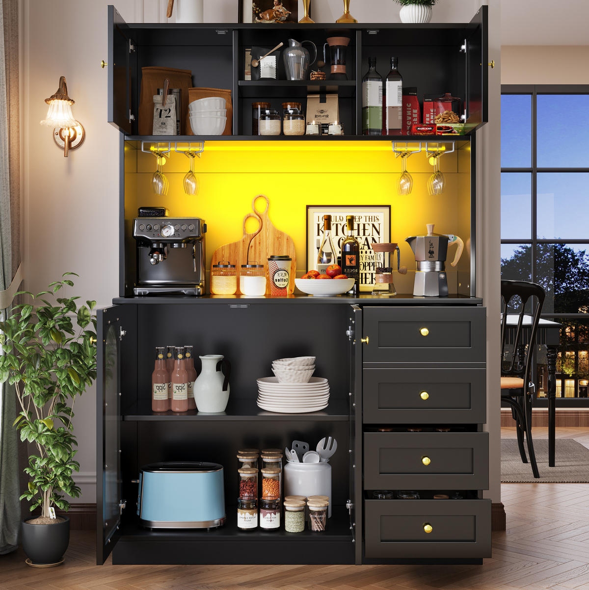 BUFFET 120/40/188 cm s LED osvětlením, úložnými policemi a protiskluzovým systémem, Černá - černá, kompozitní dřevo (120/188/40cm) - Redom