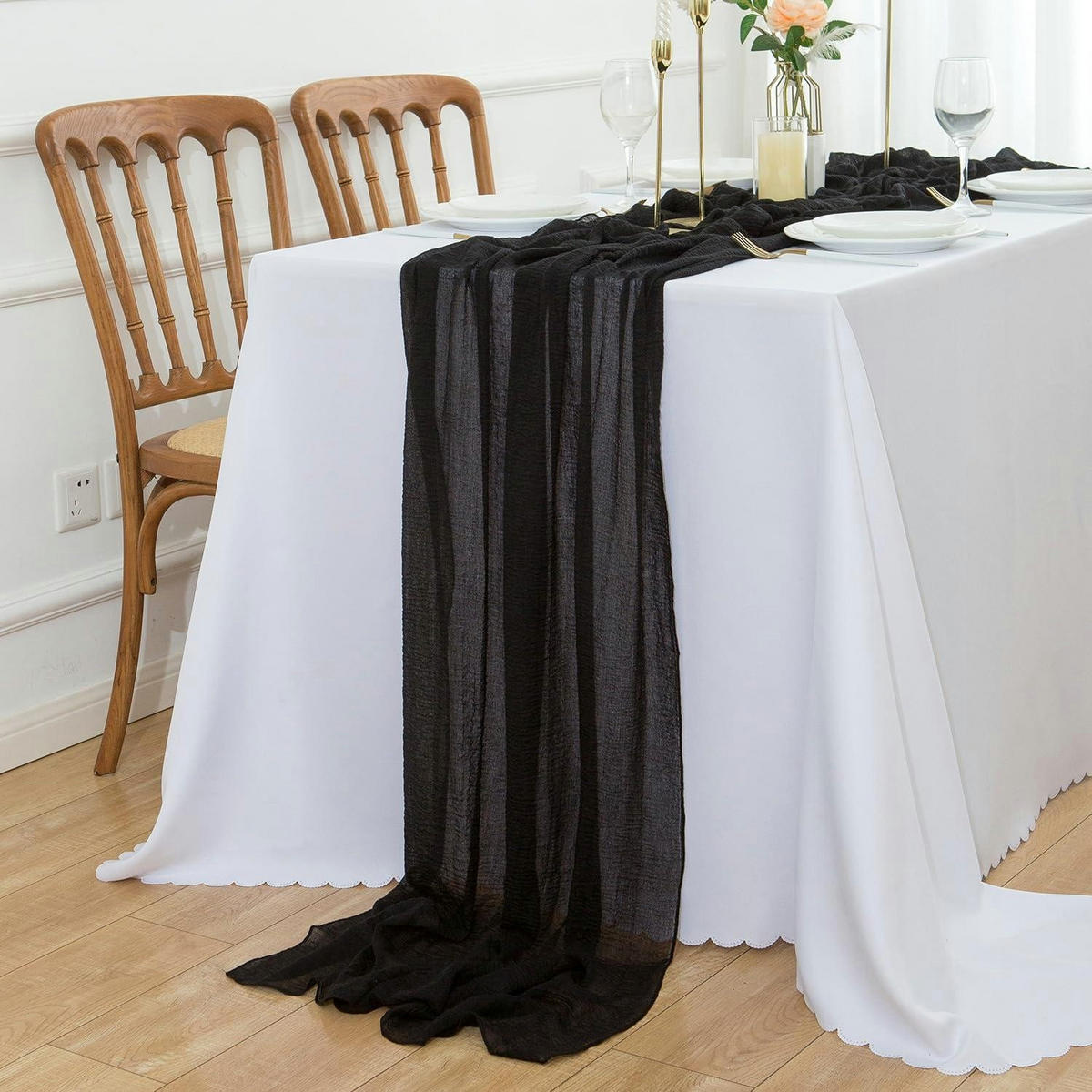 TISCHLÄUFER Musselin Schwarz 400 x 80 cm - Schwarz, Textil (400/80/1.5cm)