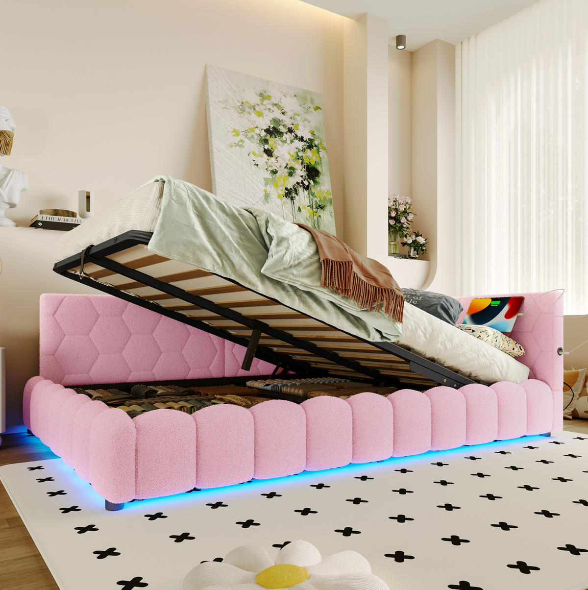 POLSTERBETT 140/200 cm in Rosa mit LED-Beleuchtung und Stauraum - Rosa, Textil (140/200cm) - Flora Grace