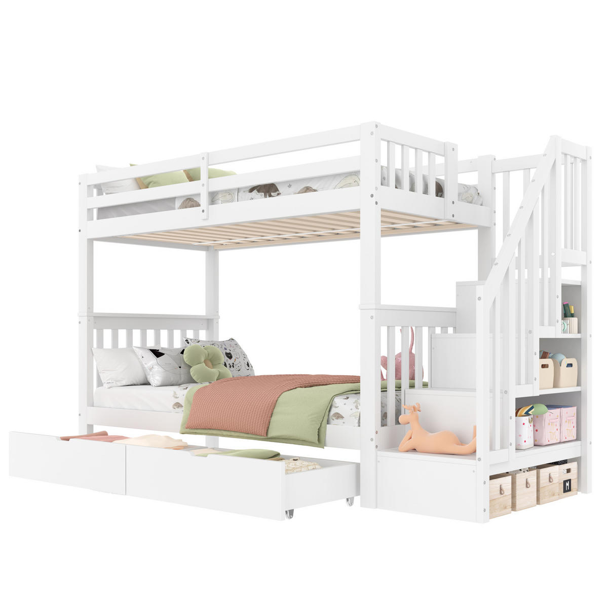 ETAGENBETT 90/200 cm aus Kiefer und MDF mit Treppenregal und 2 Schubladen Weiß - Weiß, Holz (90/200cm) - Modenvie