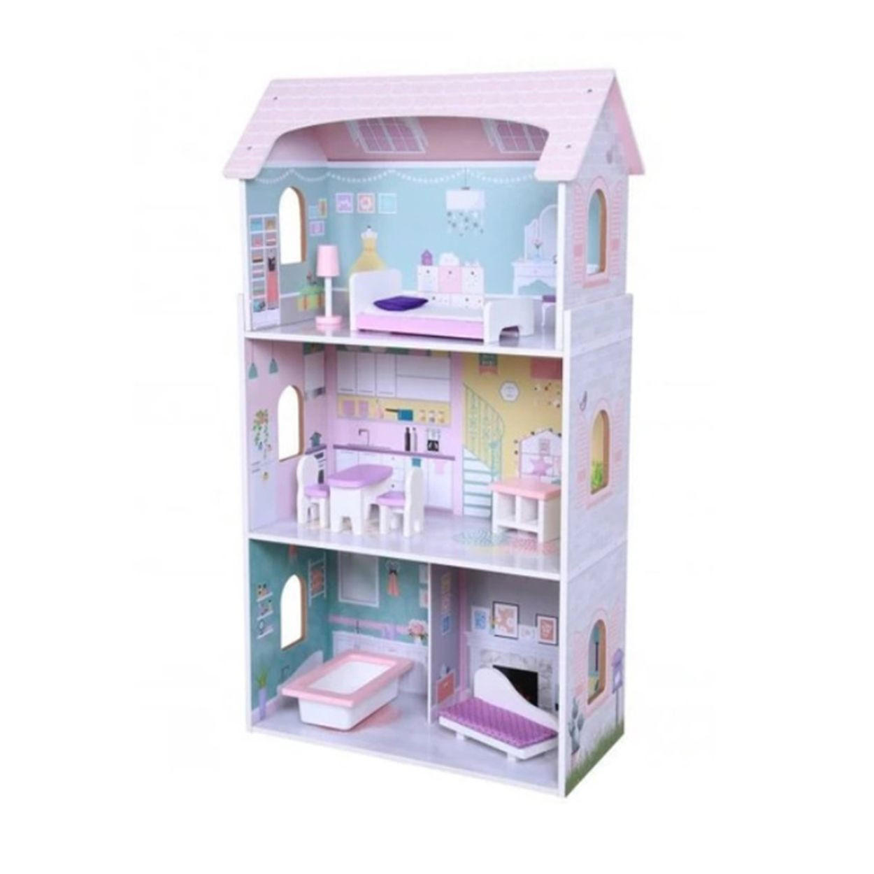 PUPPENHAUS Anna 4121 rosa Holz, 8-teiliges Möbelset, 3 Etagen, 4 Zimmer, Badewanne, Bett - Rosa, Holz (27/95/52cm) - Moni