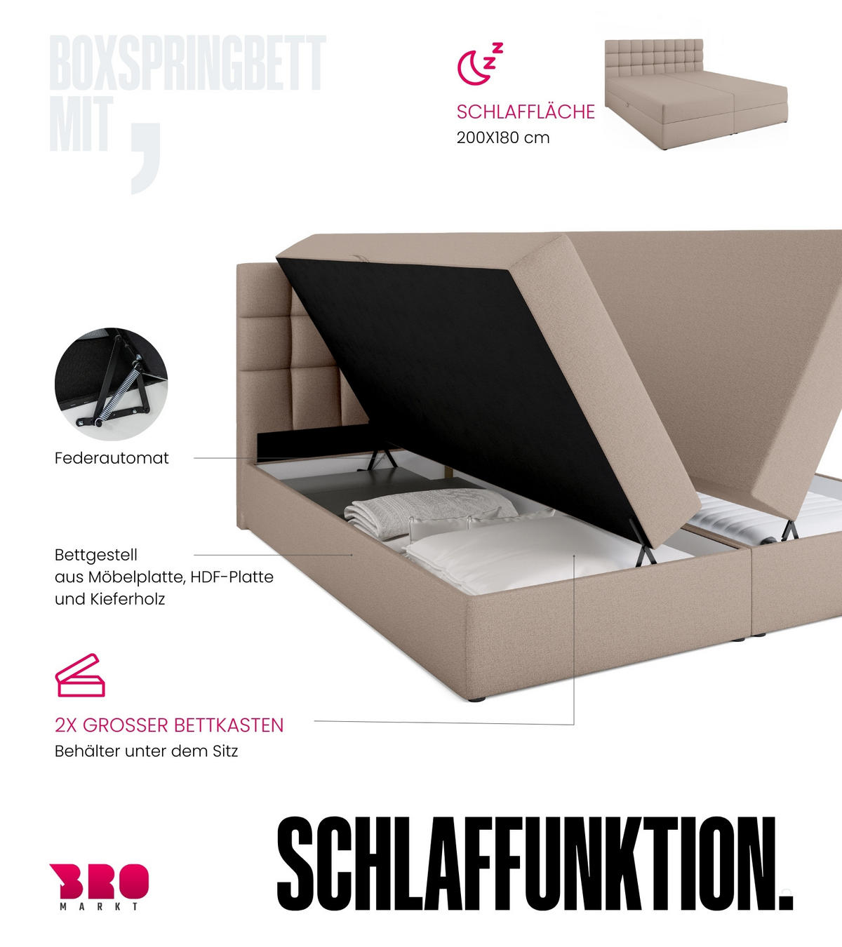 BOXBETT Dakota mit Topper 180/200 Beige - Beige, Textil (180/200cm) - Bromarkt