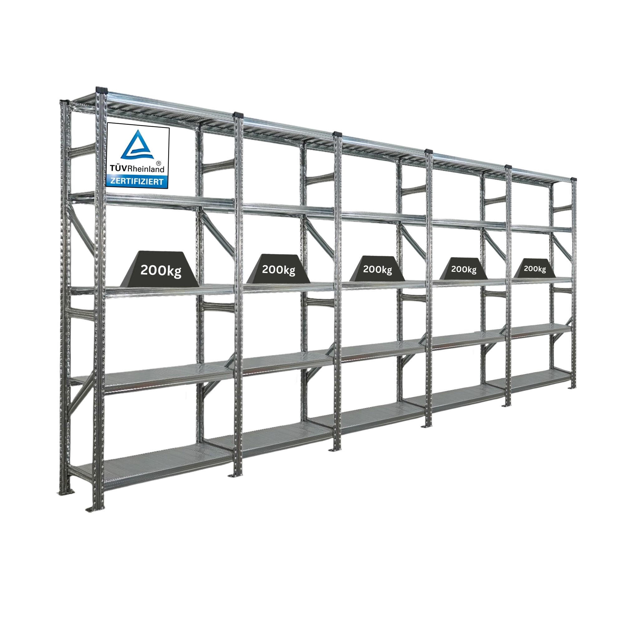 FACHBODENREGAL PROXIMO 200x450x50cm 5 Ebenen Beidseitig nutzbar Verzinkt - Silberfarben, Metall (450/200/50cm) - PROREGAL