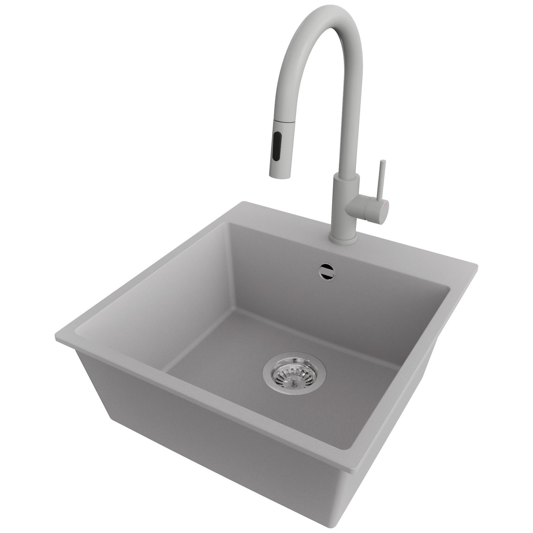 GRANITSPÜLE Riga, 2-er set Grau 48/50 cm 1 Becken + Küchenarmatur 40/20 cm + Ablauf-Set ab 50er Unterschrank - Chromfarben/Grau, Kunststoff (48/20/50cm) - Primagran