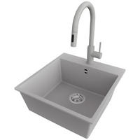 GRANITSPÜLE Riga, 2-er set Grau 48/50 cm 1 Becken + Küchenarmatur 40/20 cm + Ablauf-Set ab 50er Unterschrank - Chromfarben/Grau, Kunststoff (48/20/50cm) - Primagran