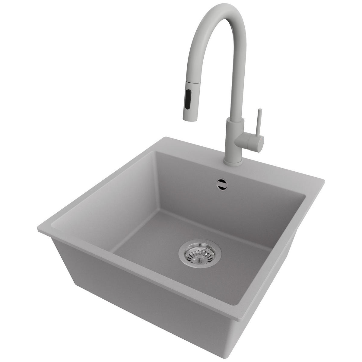 GRANITSPÜLE Riga, 2-er set Grau 48/50 cm 1 Becken + Küchenarmatur 40/20 cm + Ablauf-Set ab 50er Unterschrank - Chromfarben/Grau, Kunststoff (48/20/50cm) - Primagran