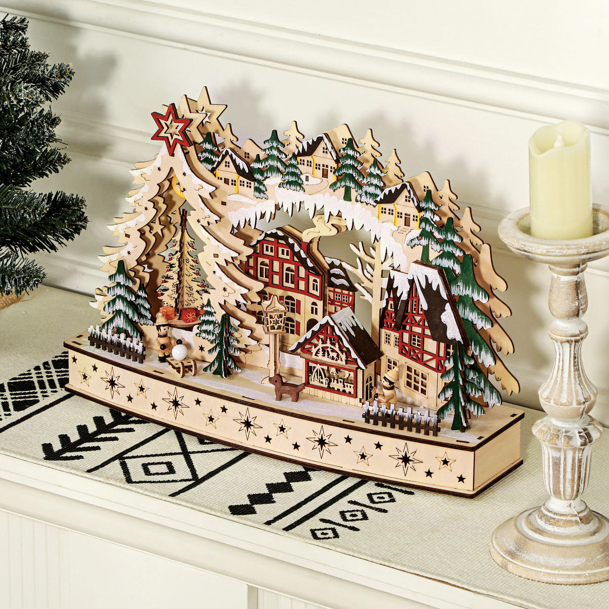 WEIHNACHTSDORF LED Winterlandschaft mit Waldszene, Weihnachtshäusern, Natur - Naturfarben, Holz (12/30/45cm) - HOMCOM