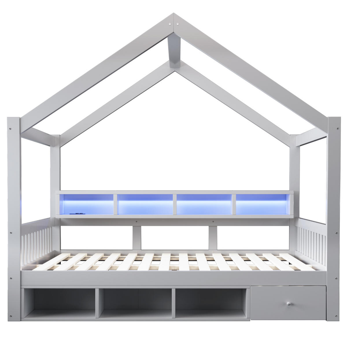 HAUSBETT 140/200 cm mit Dachrahmen und LED, DE-41651, in Grau - Grau, Holzwerkstoff (140/200cm) - ComfortXL