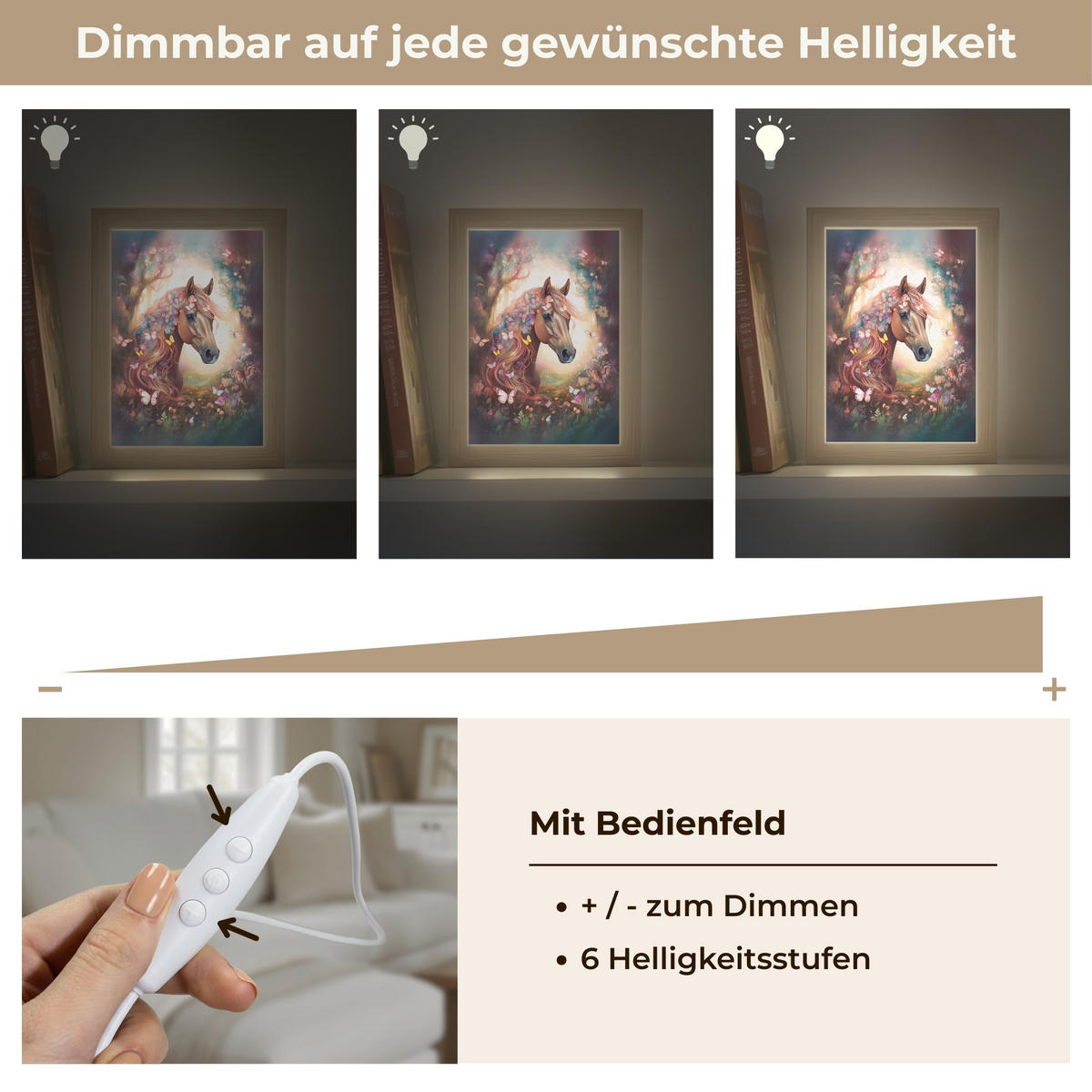 NÁSTĚNNÁ LAMPA Kůň - Příroda - Květiny - Motýli - Les 15x20 cm - tmavě hnědá, kompozitní dřevo (15/20/8cm) - OnlyWow