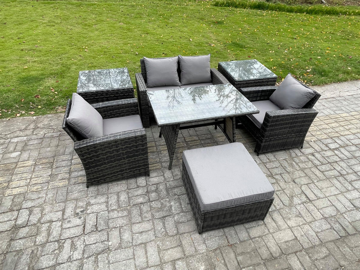 GARTENMÖBELSET mit ESSTISCH,HOCHLEHNER-SOFA Polyrattan Dunkelgrauer Mix 5-Sitzer - Dunkelgrau/Grau, Glas/Kunststoff - Fimous
